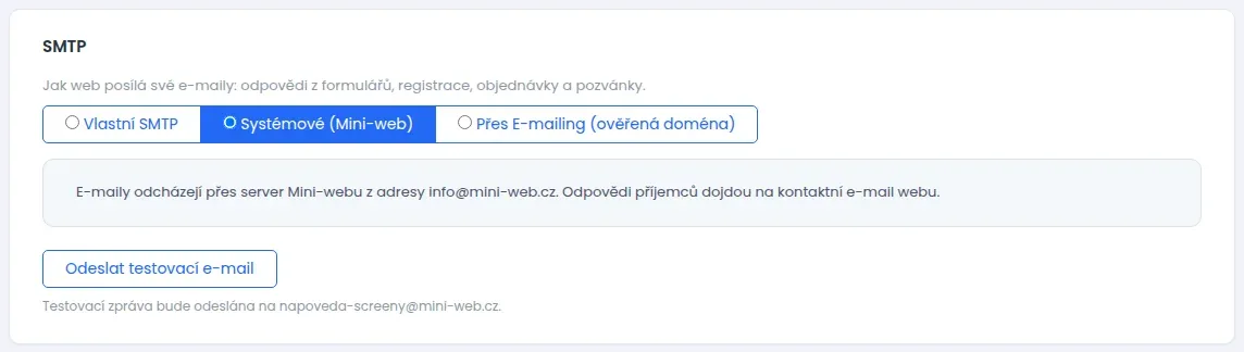 Záložka SMTP s vybranou volbou Systémové (Mini-web) a rámečkem s adresou, ze které e-maily odcházejí