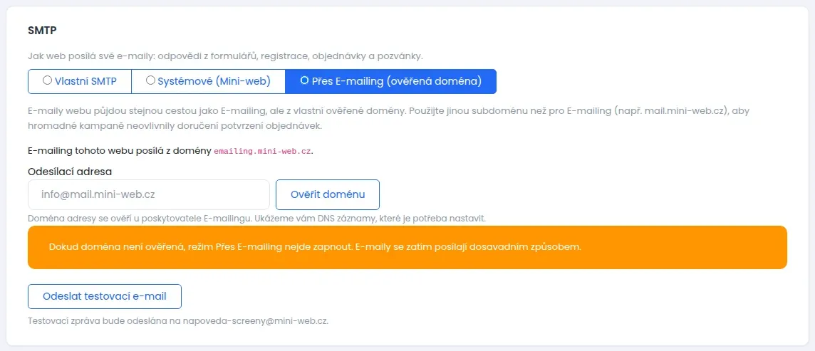 Nastavení odesílání e-mailů webu s volbami Vlastní SMTP, Systémové a Přes E-mailing