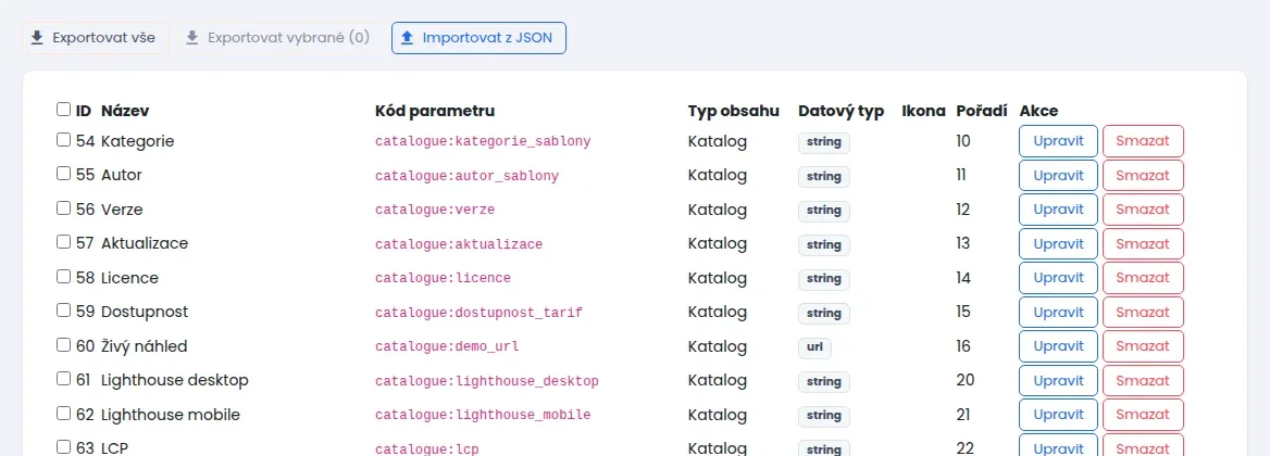 Tlačítka Exportovat vše, Exportovat vybrané a Importovat z JSON nad tabulkou parametrů se zaškrtávacími políčky