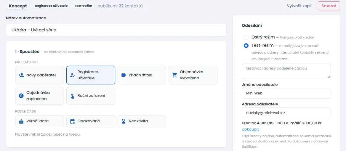 Editor automatizace: název, dlaždice spouštěčů Při události a Podle času a vpravo rámeček Odesílání s test-režimem