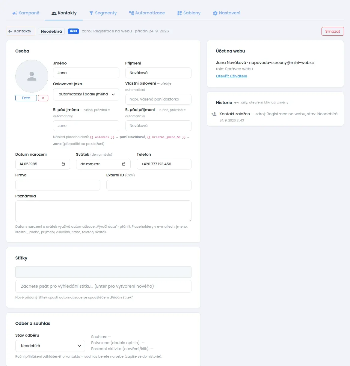 Profil kontaktu: jméno, oslovení, datum narození, svátek, telefon, štítky, stav odběru a historie