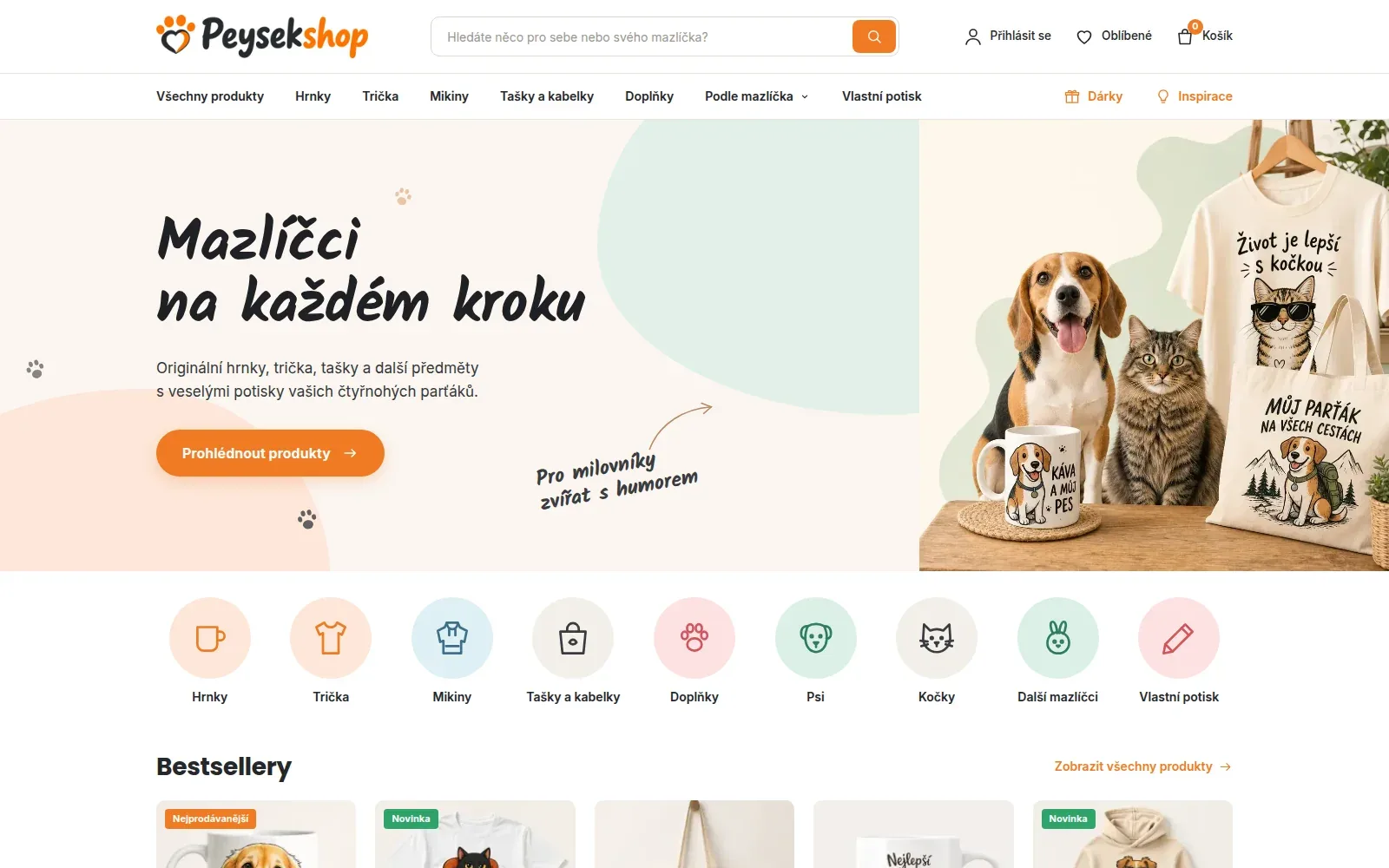 Peysekshop – e-shop s potisky pro milovníky zvířat — náhled na velké obrazovce