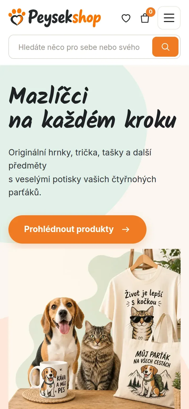 Peysekshop – e-shop s potisky pro milovníky zvířat — náhled na tabletu