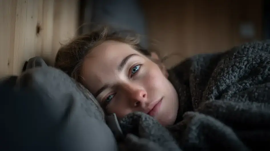 Dospělá žena s autismem, spokojeně odpočívající pod zátěžovou dekou.