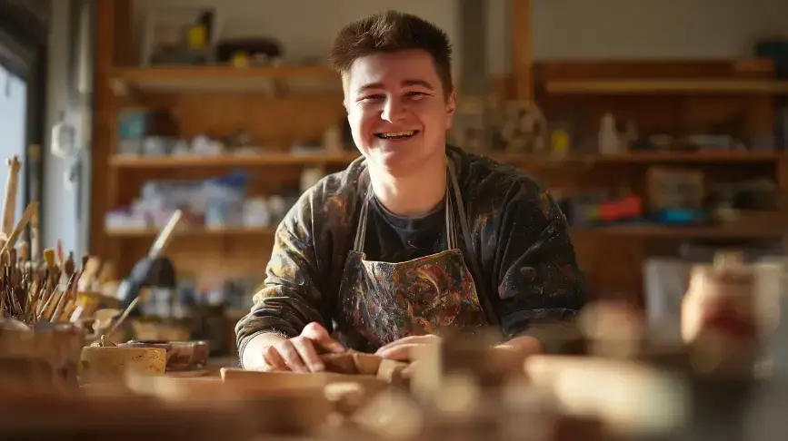 Portrét usmívajícího se mladého muže s IDD při práci v umělecké dílně.