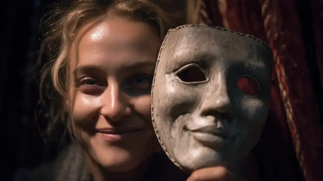 Detail obličeje ženy držící masku při terapii uměním.