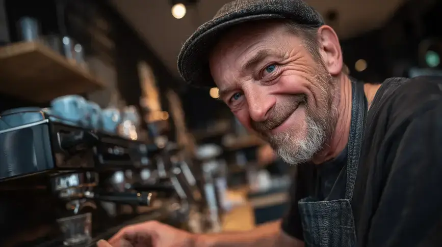 Usmívající se muž připravující kávu v sociálním podniku Café Práh.