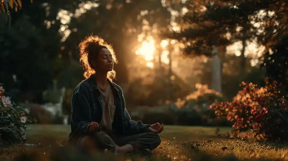 Mladá žena praktikující mindfulness v tichém parku za ranního světla jako techniku pro snížení stresu.