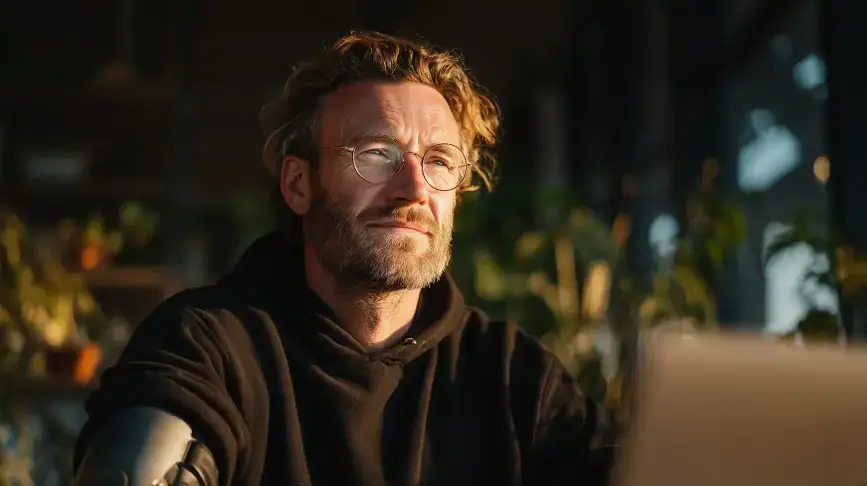 Realistická fotografie profesionálního muže s protetickou paží, který soustředěně pracuje na notebooku v prosluněném kreativním studiu plném rostlin.