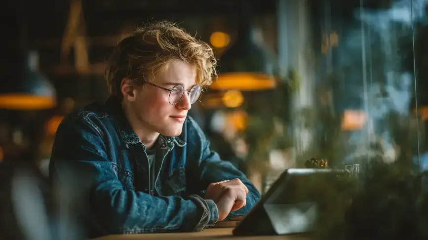 Autistický dospělý muž komunikuje pomocí tabletu v kavárně.