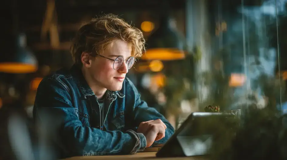 Autistický dospělý muž komunikuje pomocí tabletu v kavárně.