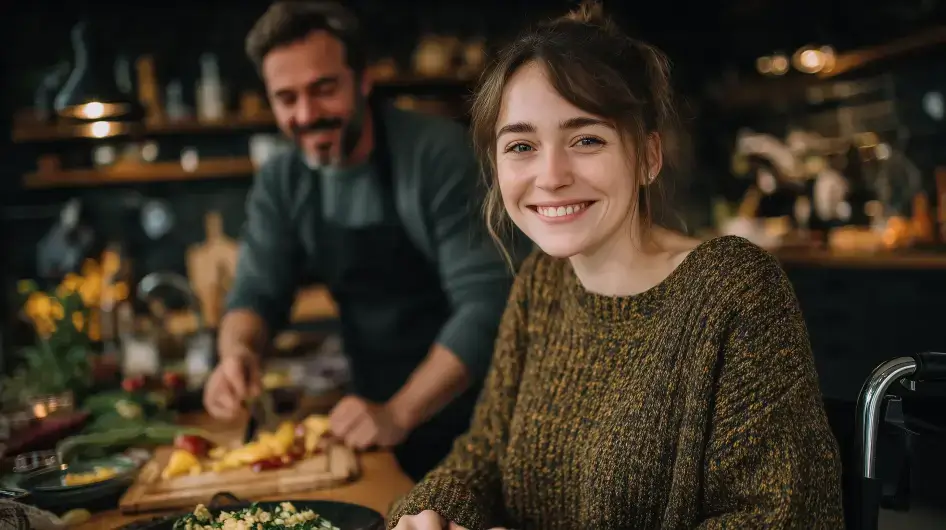 Mladá usměvavá žena na vozíku krájí zeleninu v bezbariérové kuchyni za asistence lektora, detail na ruce a výraz soustředění.
