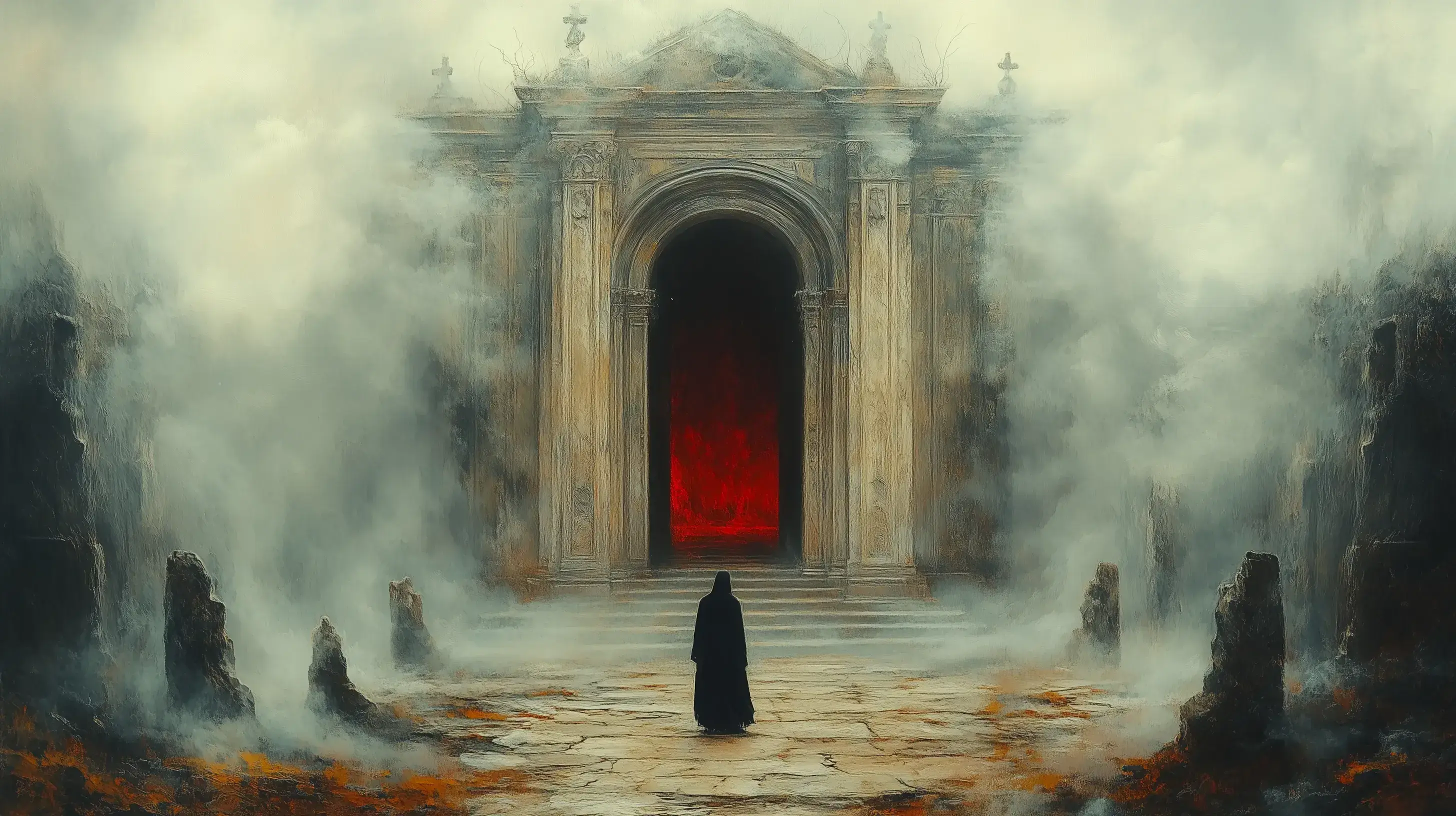 Postava dobrodruha kráčí ke vstupu objeveného chrámu.