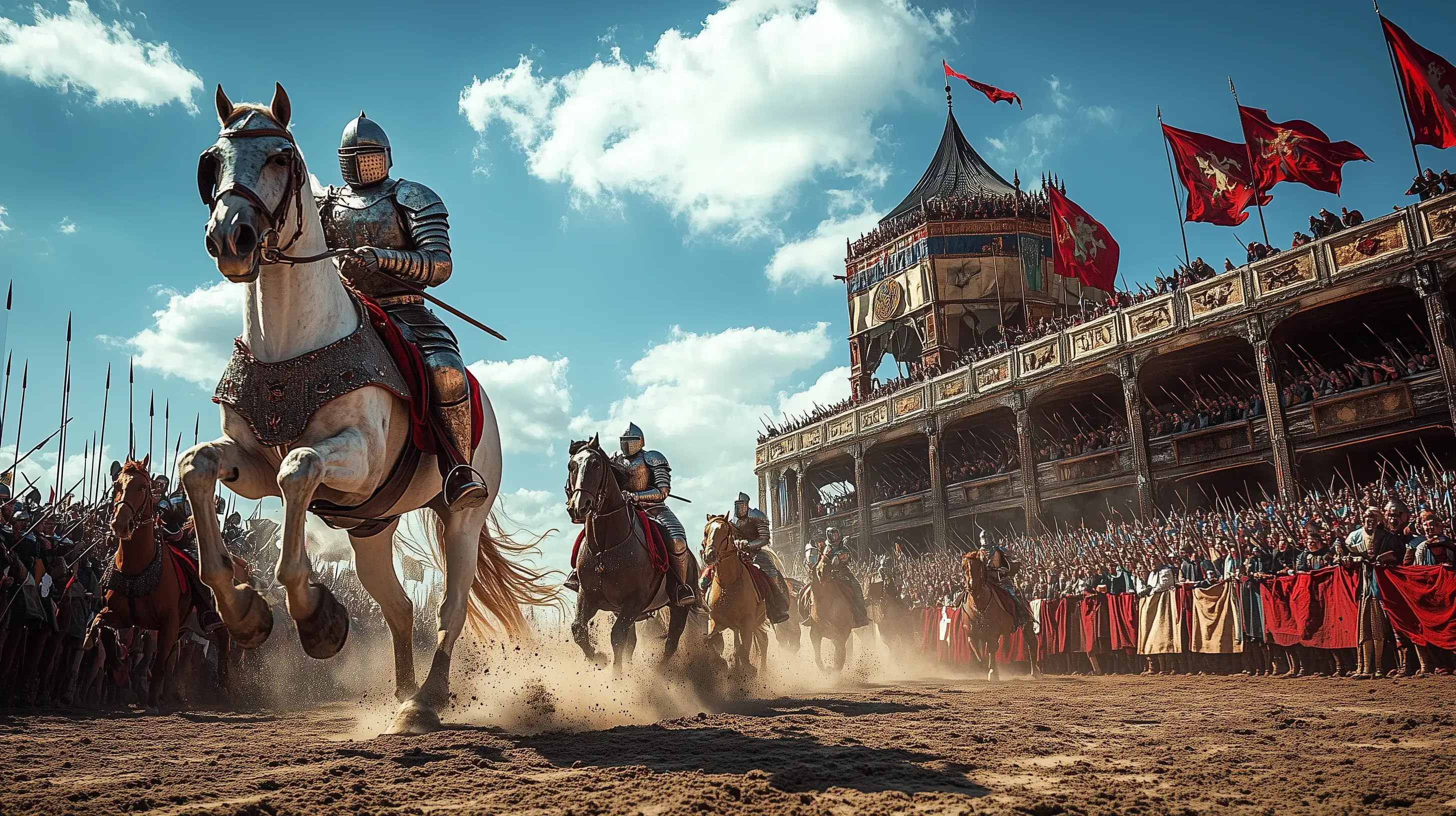 Rytíři na koních se shromažďují ke klání v turnaji, jásající dav na tribunách.