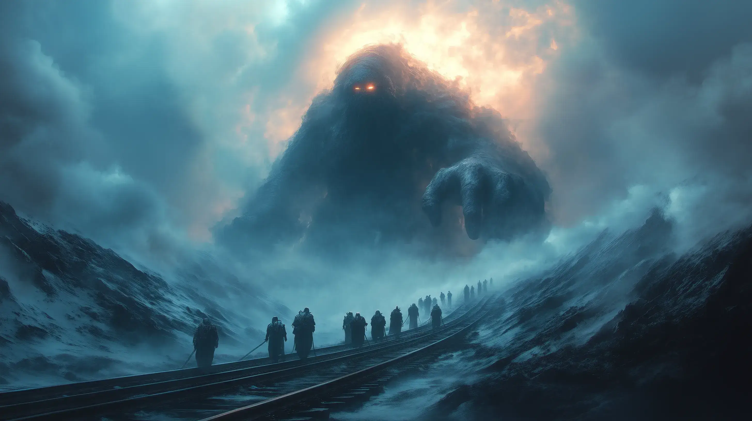 Skupinka RPG postav kráčejících po kolejích, s rukou je usměrňující, symbolizující railroading.