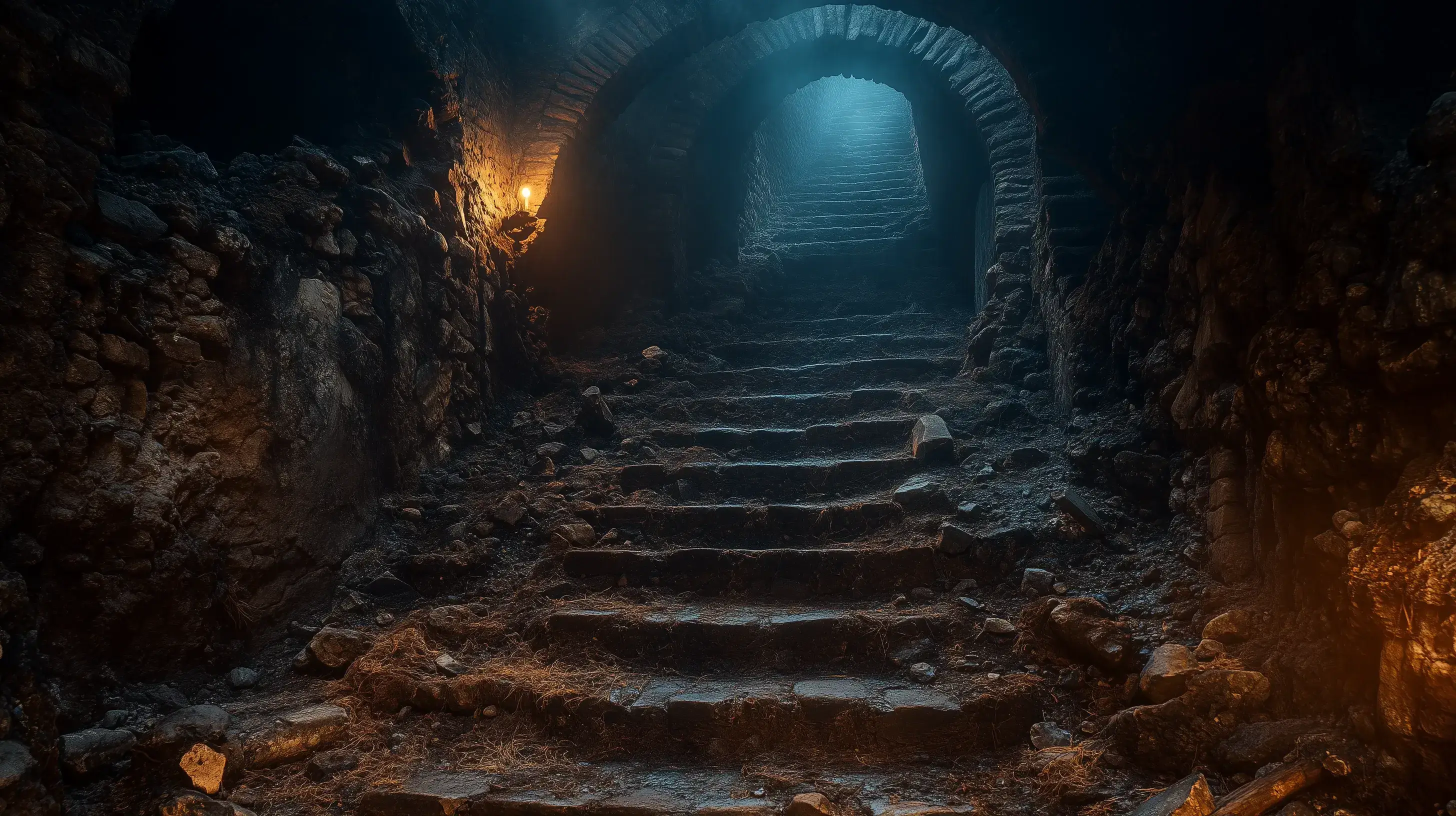 Fotografie tajemné osvětlené chodby se schody v dungeonu.