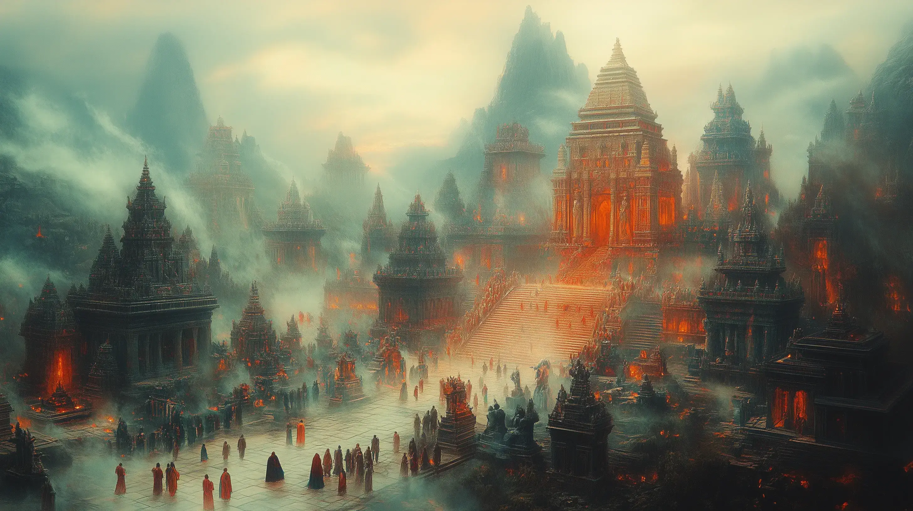 Různé chrámy a svatyně v krajině, symbolizující rozmanitost kultů.