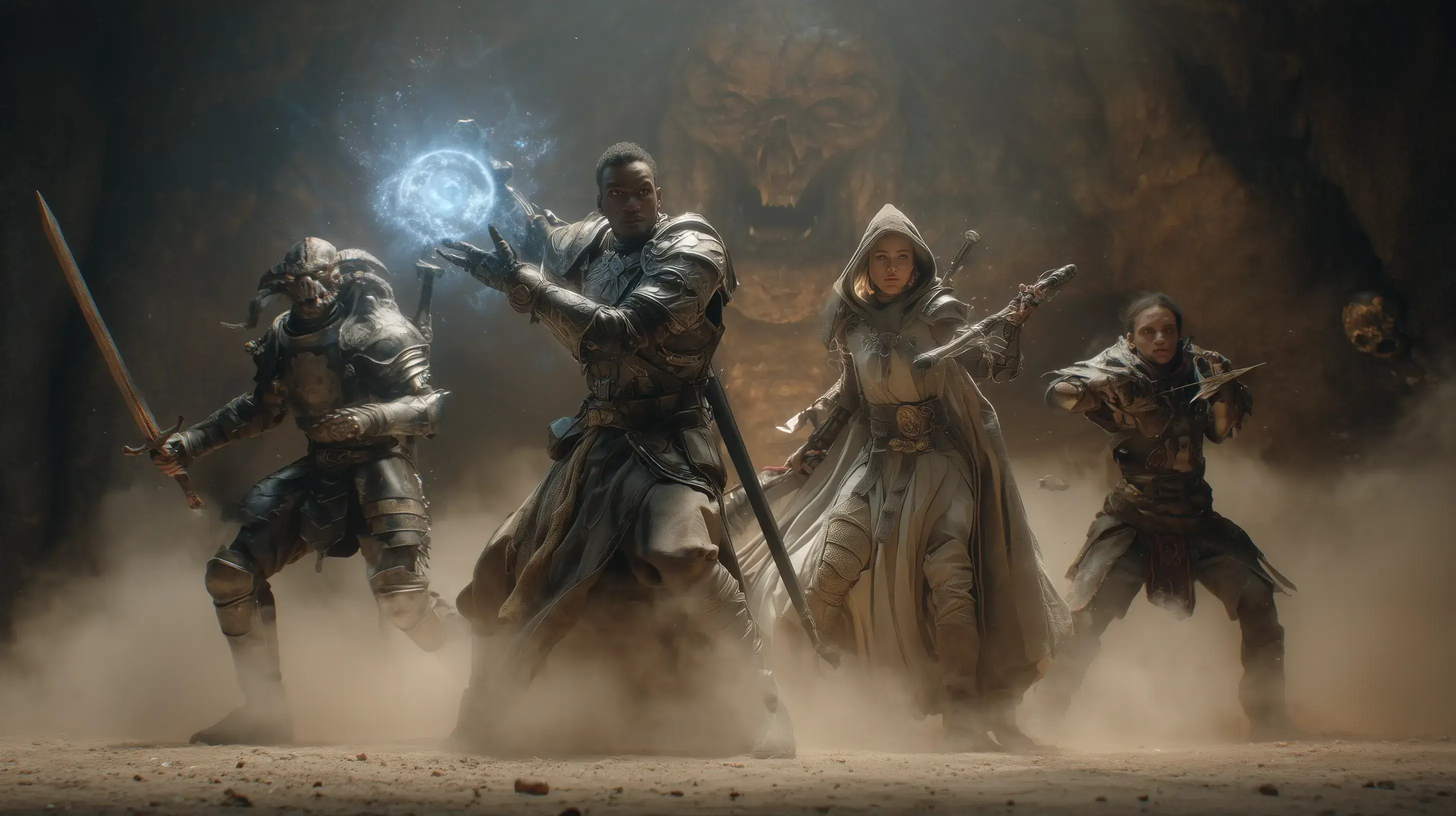 Skupina fantasy postav – bojovník, kouzelník, klerik a zloděj – spolupracující v boji proti nepříteli v temném dungeonu.