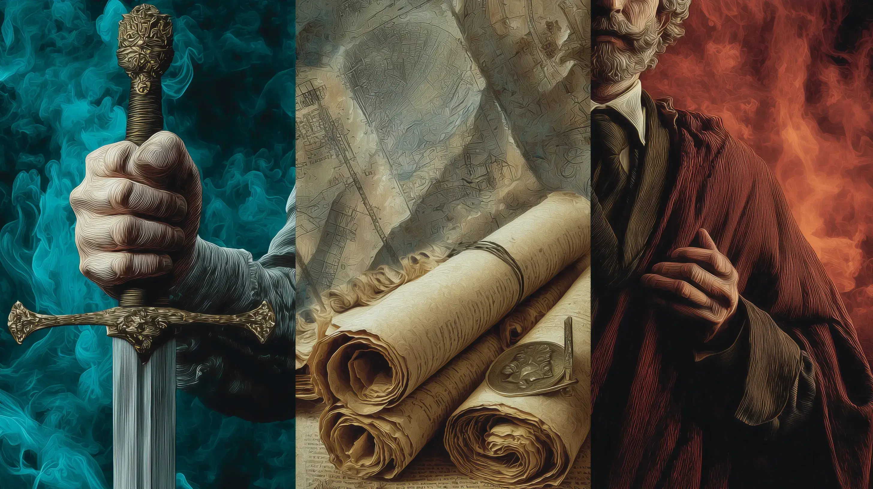 Koláž symbolizující násilí (meč), informace (pergameny) a charizma (vůdce) ve fantasy světě.