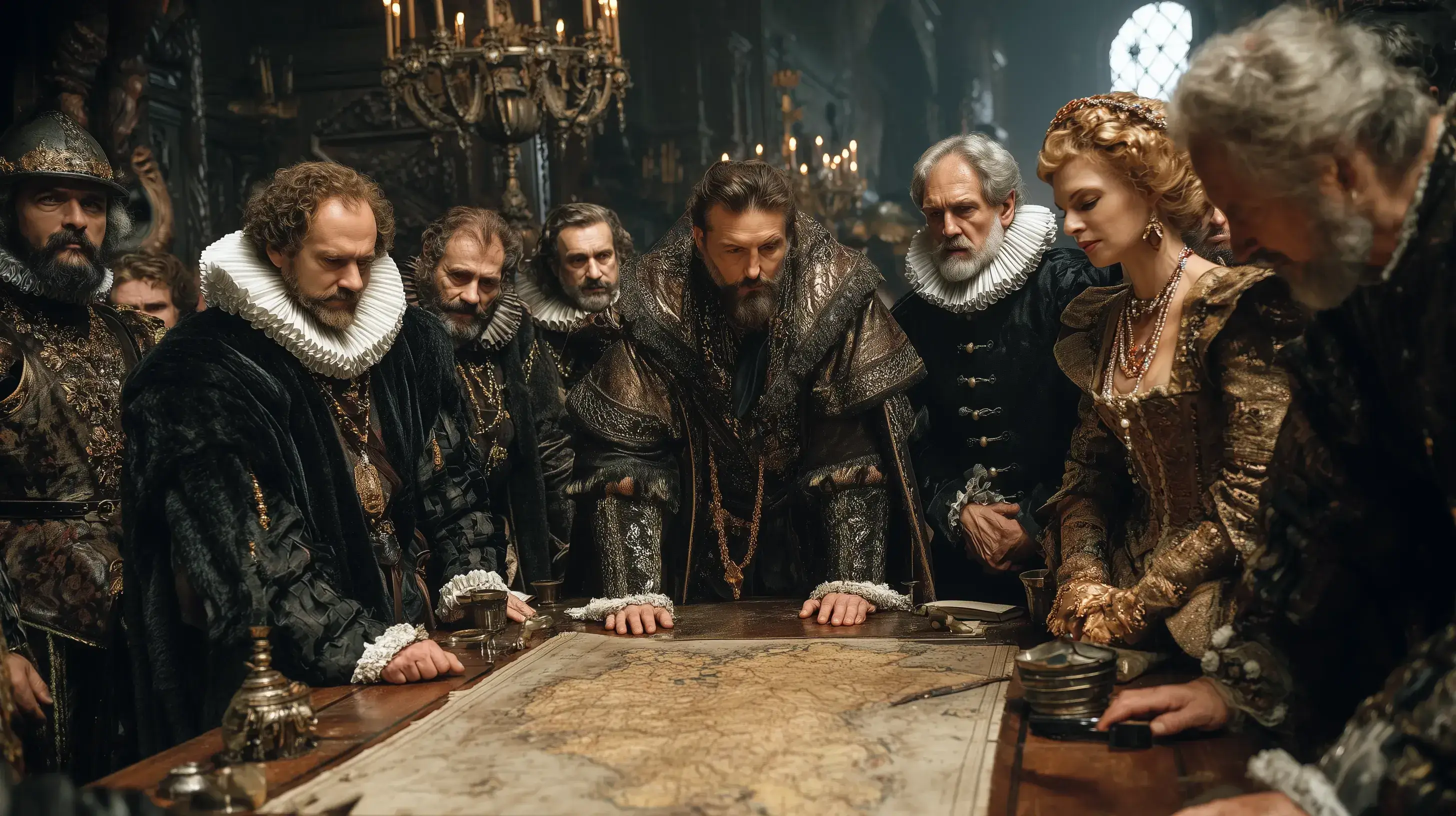 Skupina šlechticů v historickém oblečení se sklání nad mapou a plánuje další kroky.