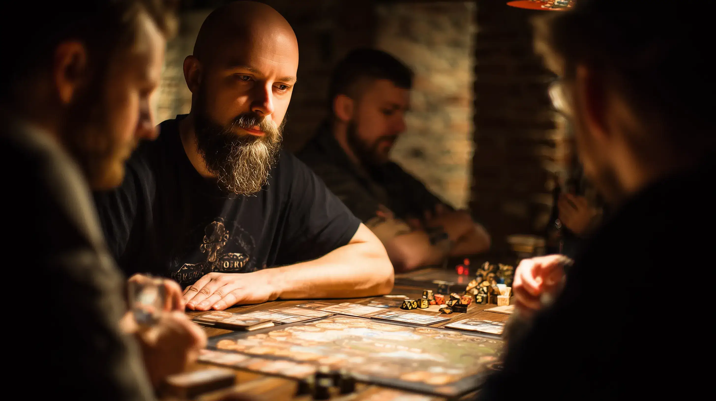 Skupina nadšených hráčů stolního RPG soustředěně sedí kolem stolu s rozloženou fantasy mapou a herními pomůckami, s pohledem plným soustředění a představivosti.