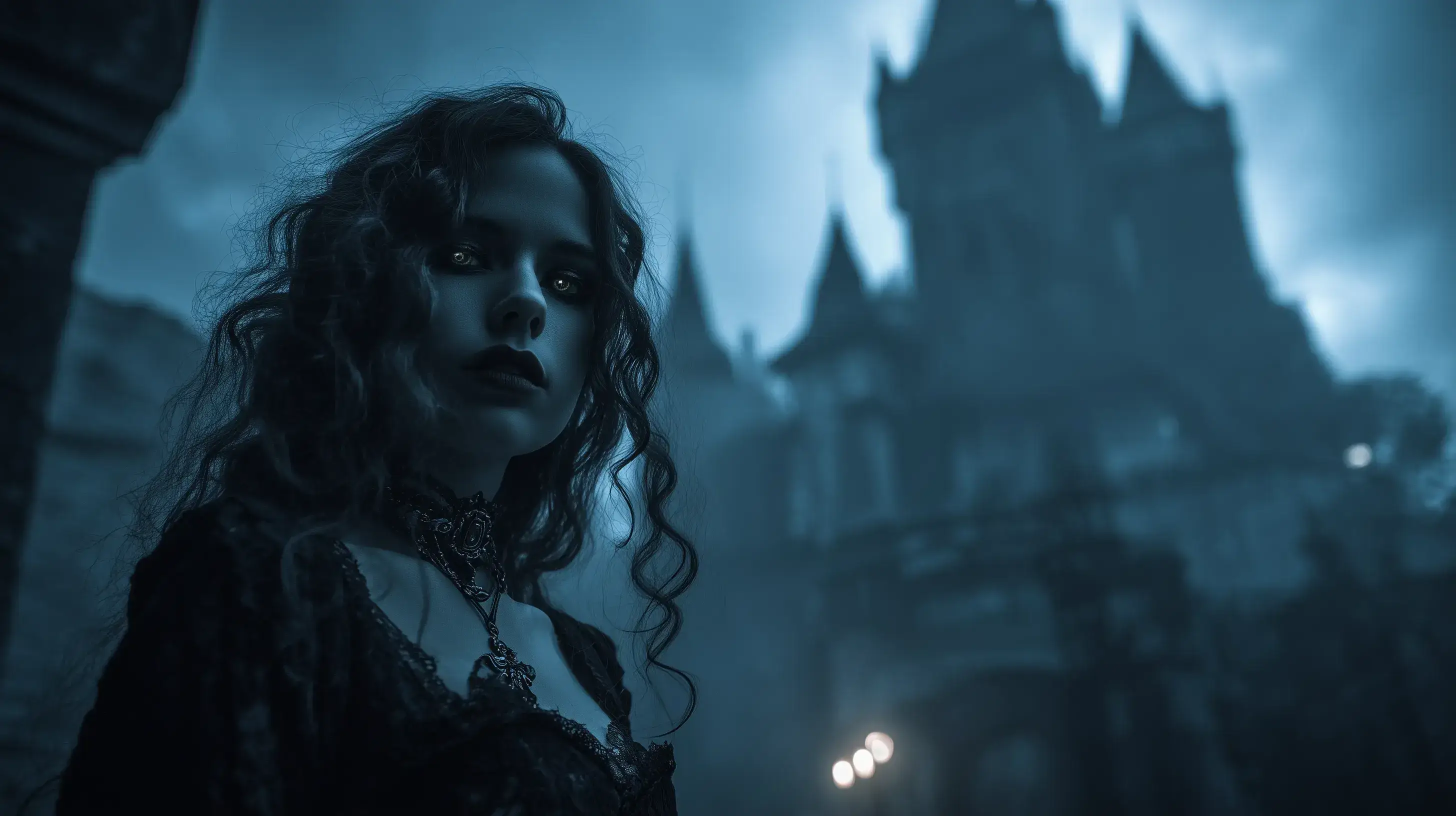 Fotografie upíra s pronikavým pohledem před temným gotickým hrad v mlze, symbolizující jeho vrozenou sílu a tajemství.