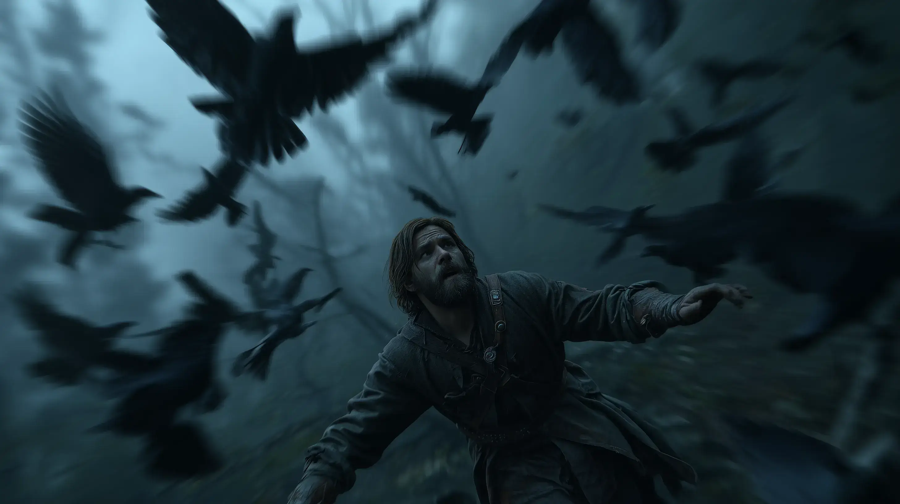 Fotografie člověka, který se s leknutím odvrací od vzlétajících vran.