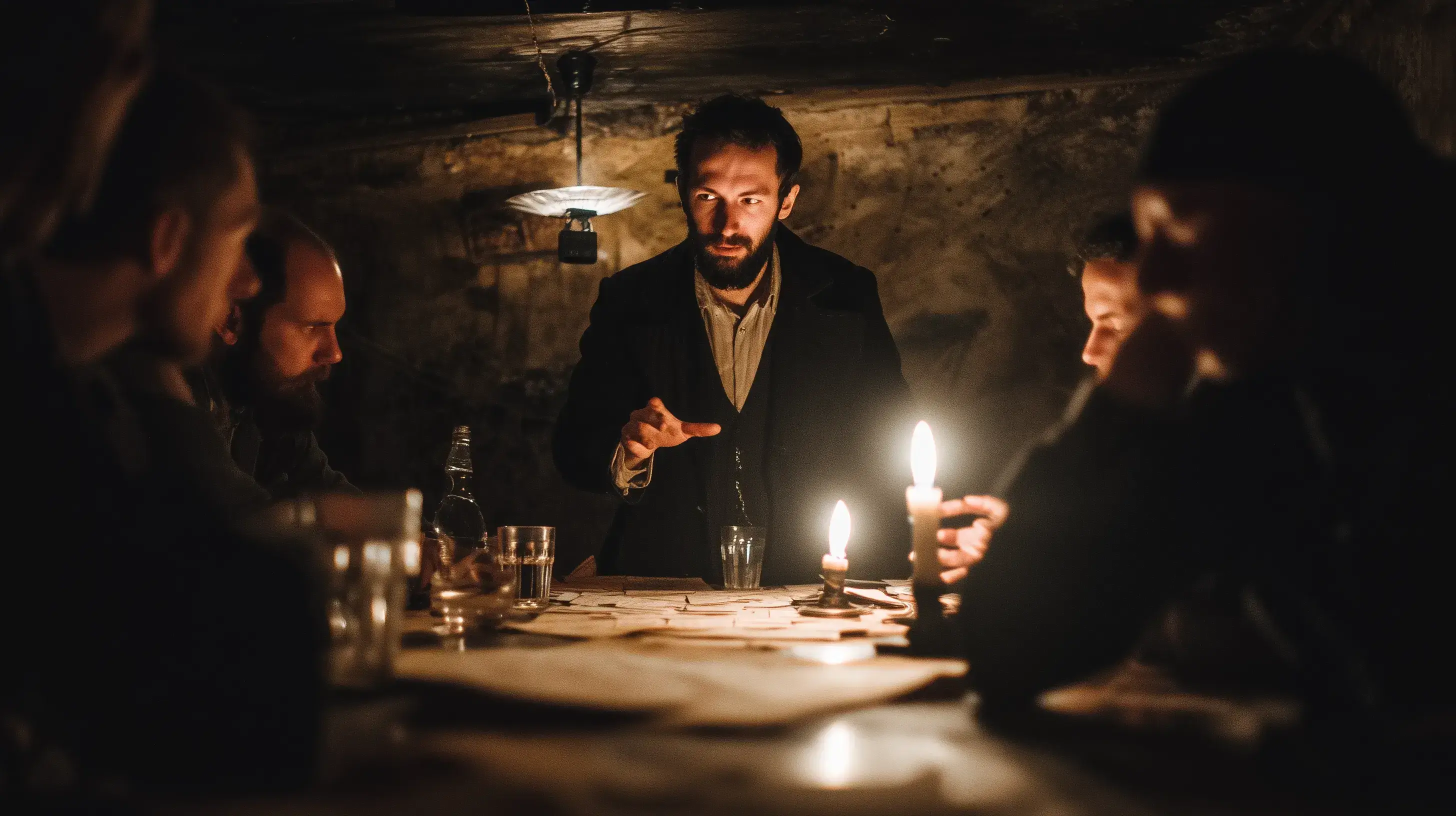 Vypravěč zapáleně popisuje děj hráčům u stolu během dobrodružství ve stolní hře na hrdiny.