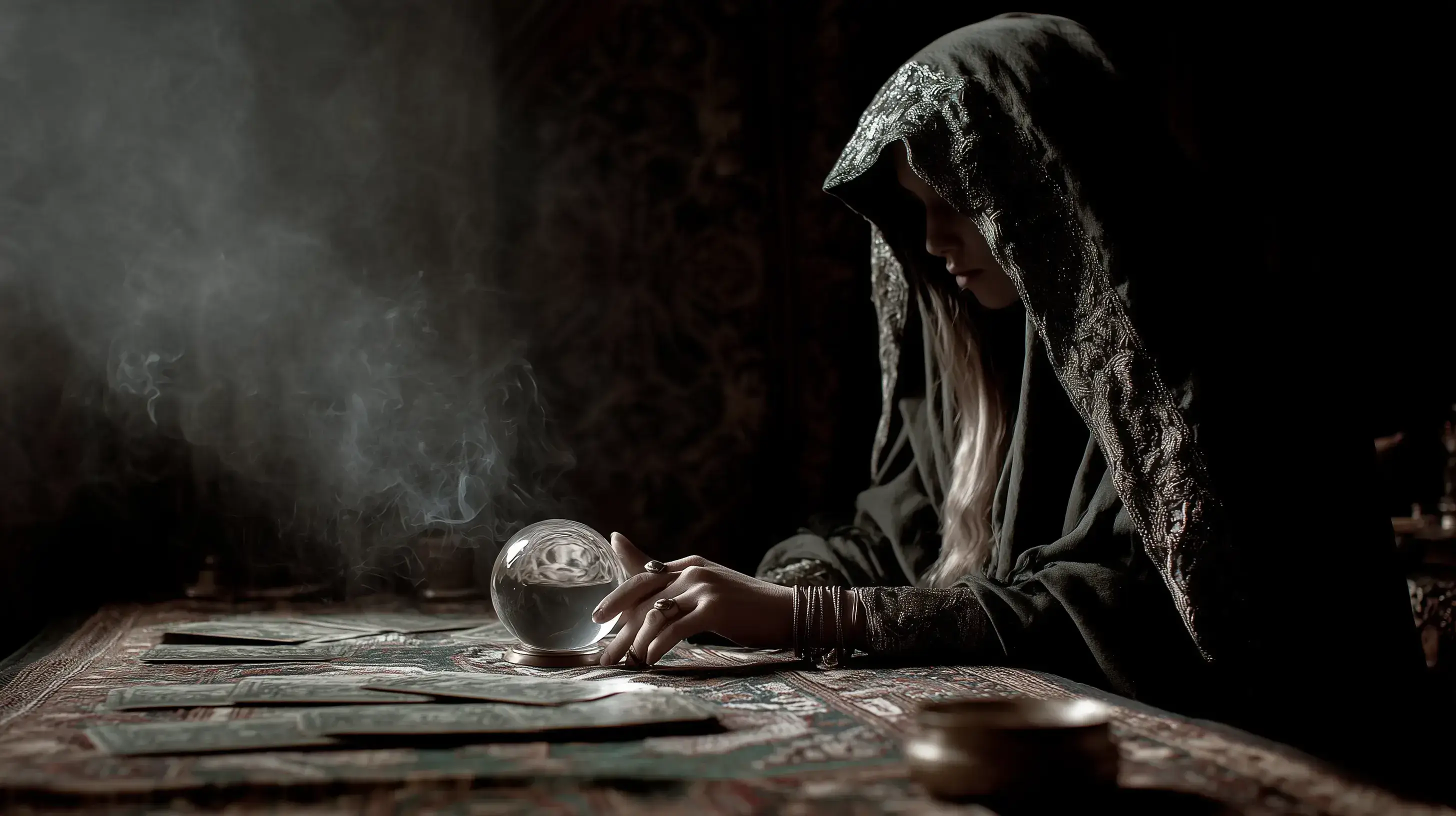Fotografie věštkyně v temné místnosti, která se připravuje vyložit proroctví pomocí křišťálové koule.