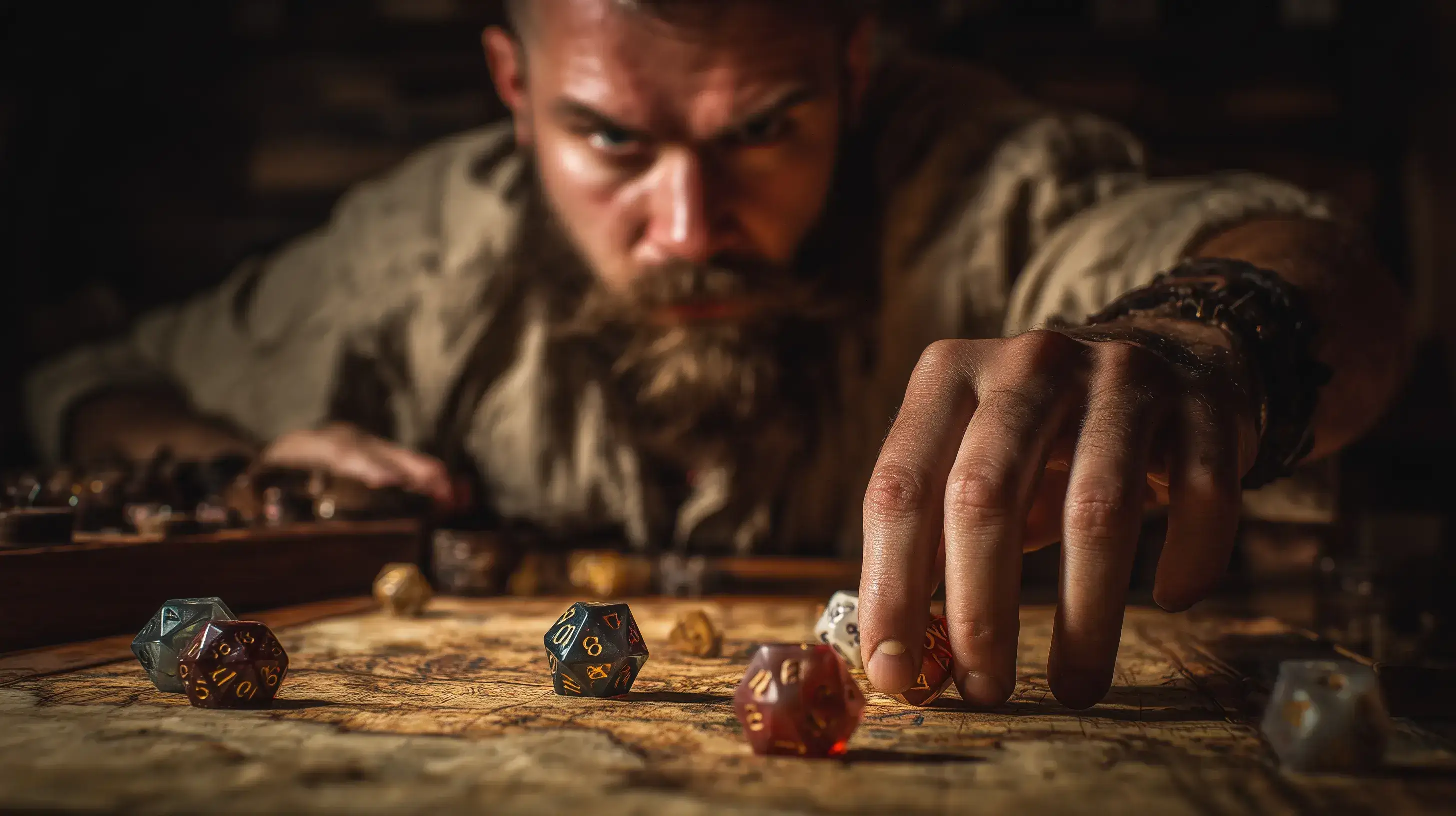 Fotografie soustředěného muže, který se chystá hodit kostkou v důležitý moment hry.