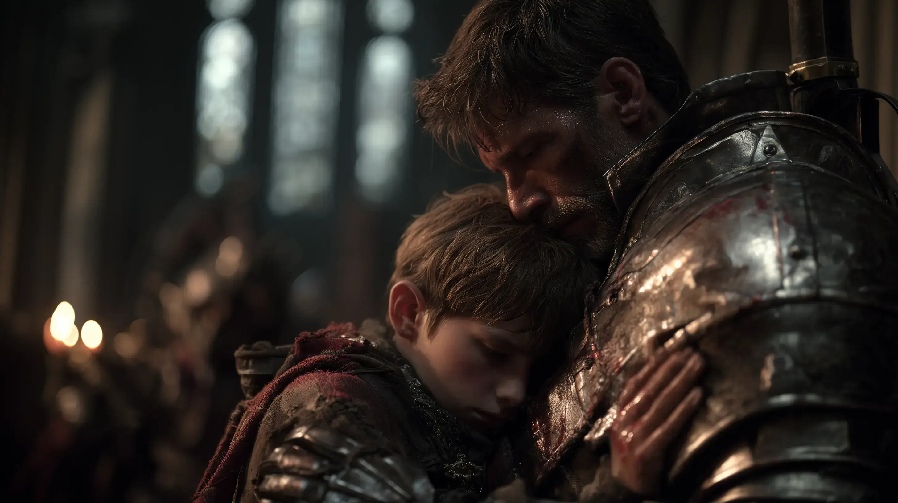 Fotografie otce-bojovníka v brnění, který utěšuje svého syna po boji.