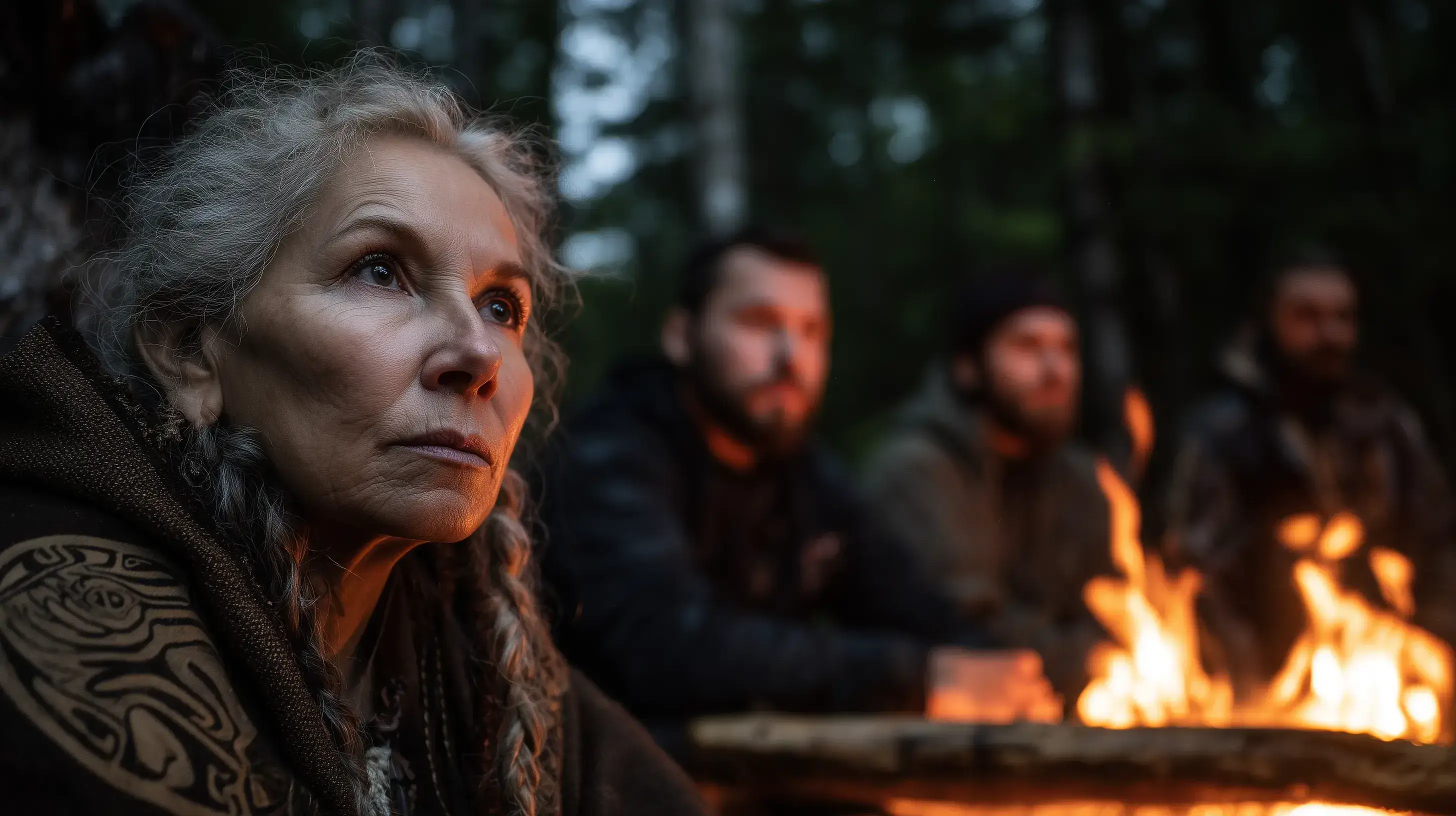 Fotografie kmene Sagayeka u ohně, kde se vypráví příběhy a v pozadí je temný les.