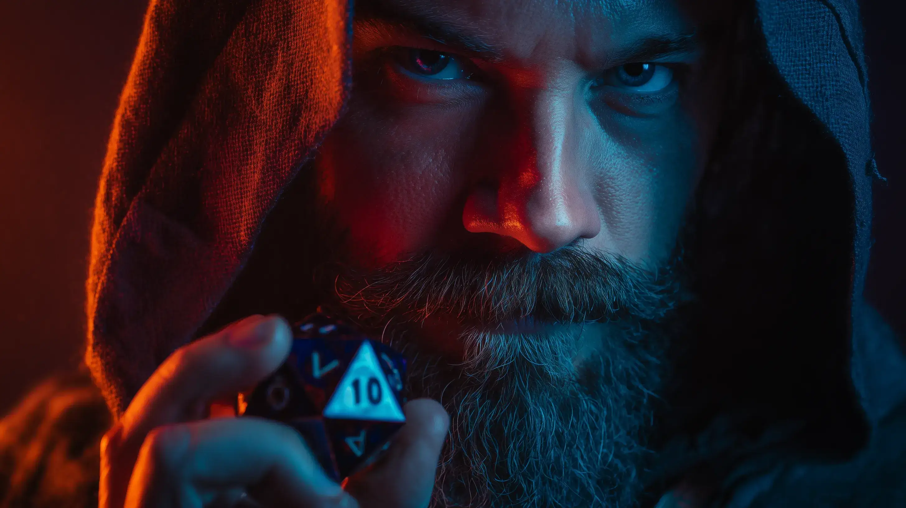 Portrét Dungeon Mastera s dvacetistěnnou kostkou v dramatickém světle.