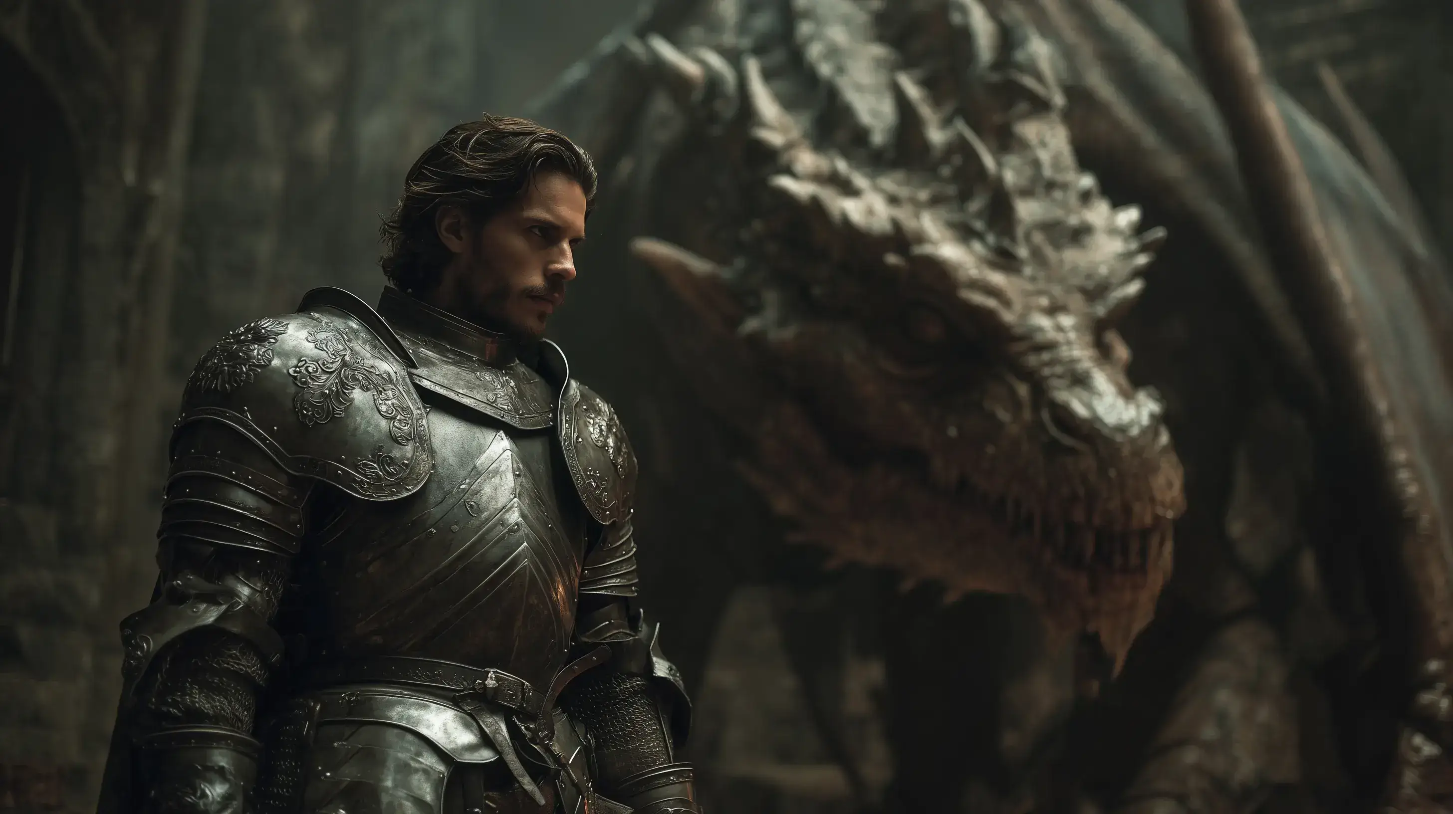 Fotografie osamělého hrdiny v plátové zbroji, který konfrontuje nemrtvého Dracolicha v ponuré kobce.