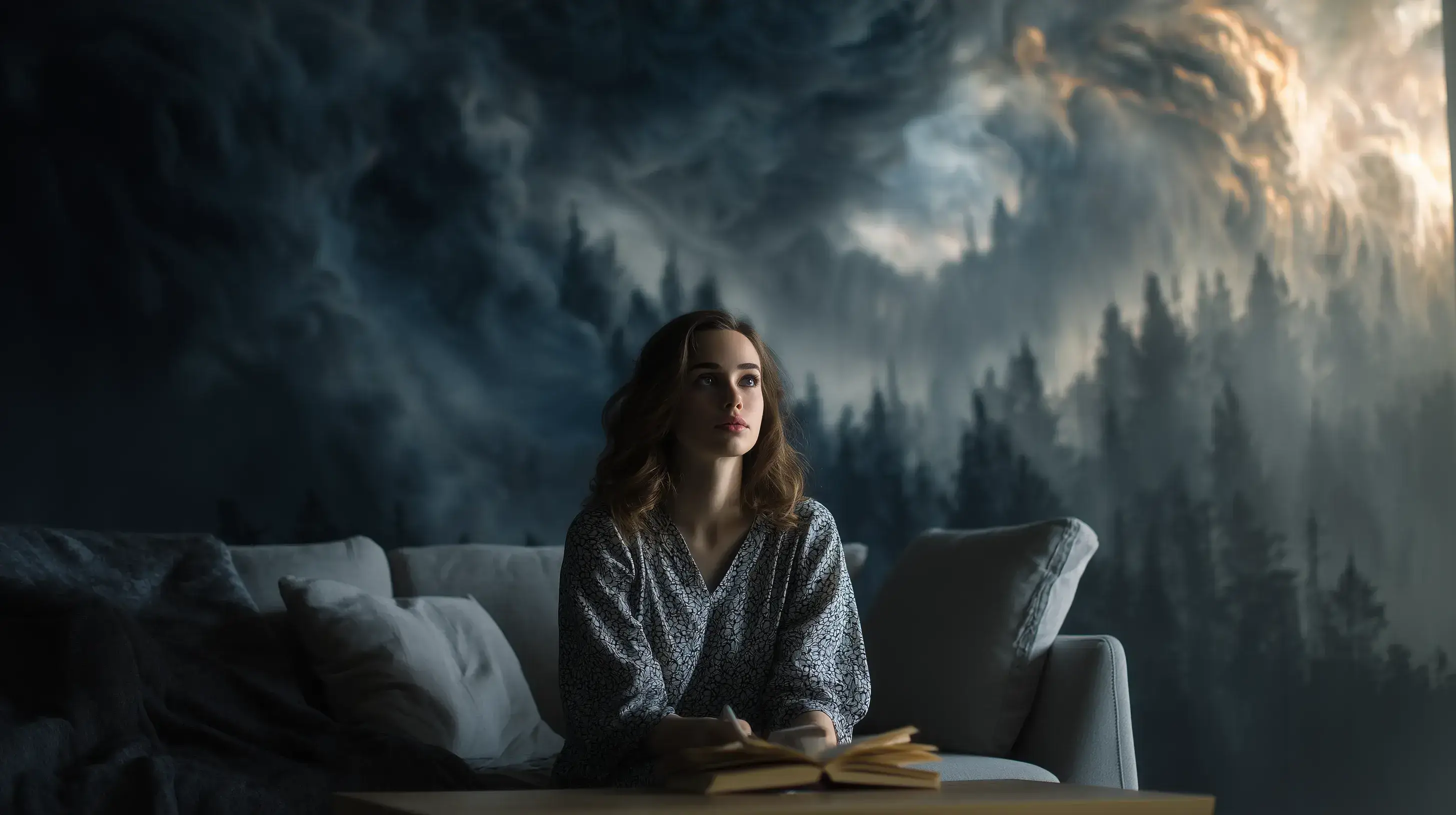 Žena hrající RPG u stolu, zatímco se její okolí mění ve fantasy les.