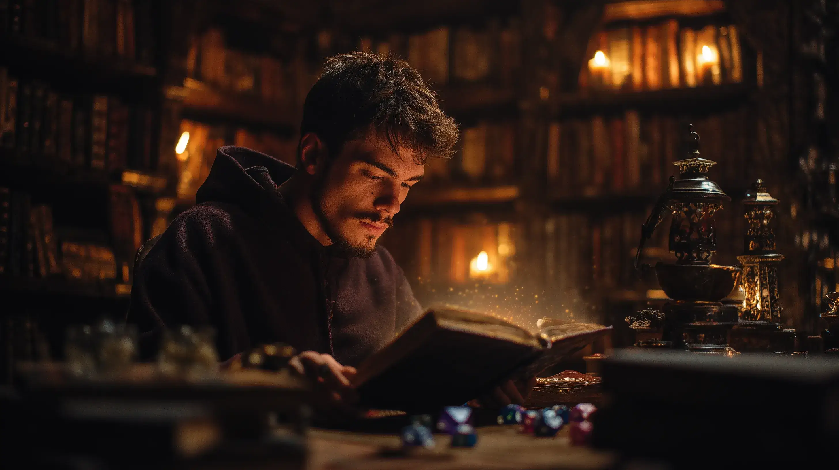 Dungeon Master v knihovně čte zářící starou fantasy knihu