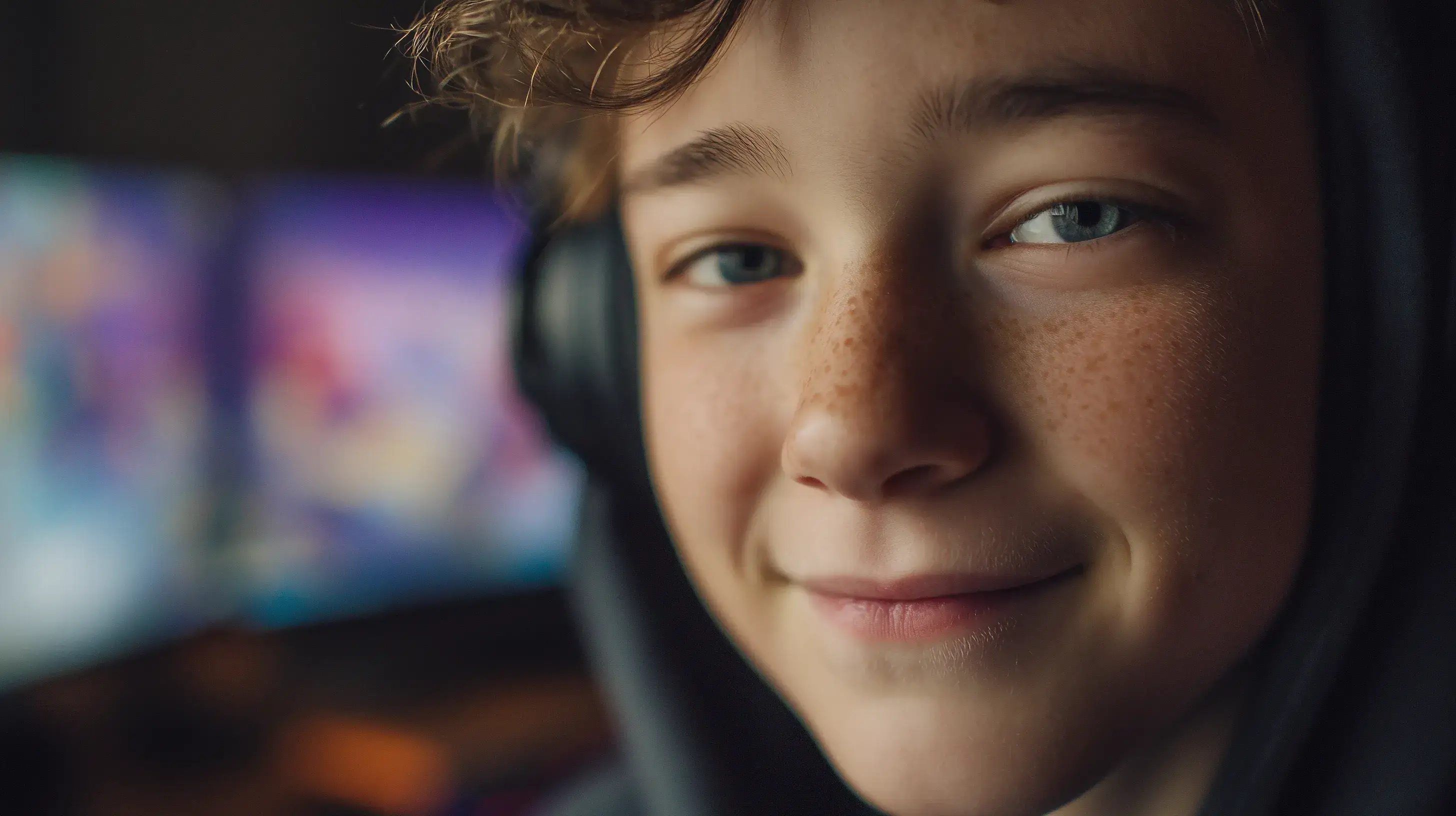 Detailní záběr na spokojenou tvář mladého hráče v osvětleném pokoji.