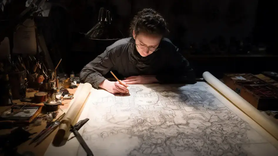 Pohled shora na osobu (ženu) soustředěně kreslící komplexní mapu dungeonu tužkou, s architektonickými nástroji, dramatické osvětlení.