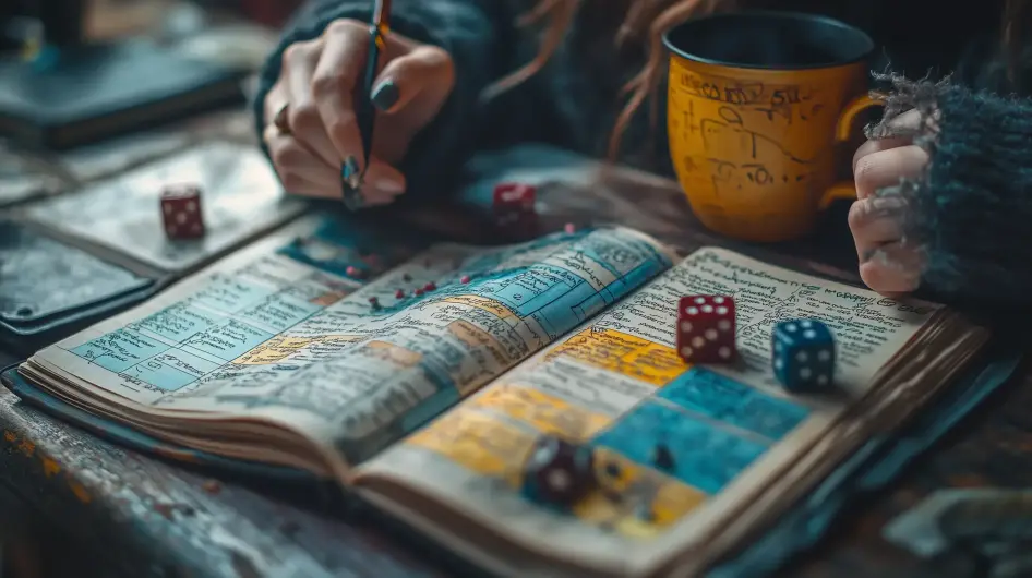 Ruce Game Mastera organizující poznámky a materiály na herním stole.