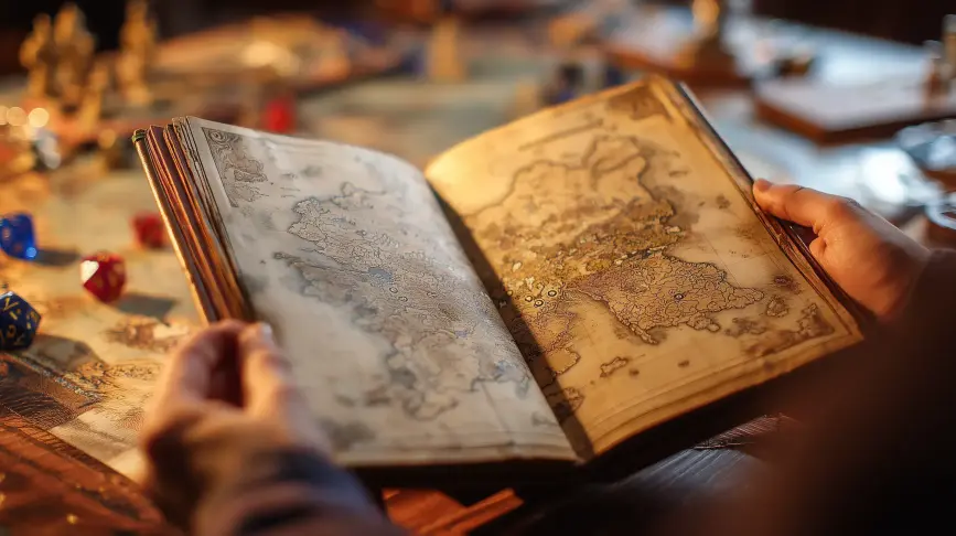 Ruce držící otevřenou knihu s mapou fantasy světa, na stole kostky a figurky.