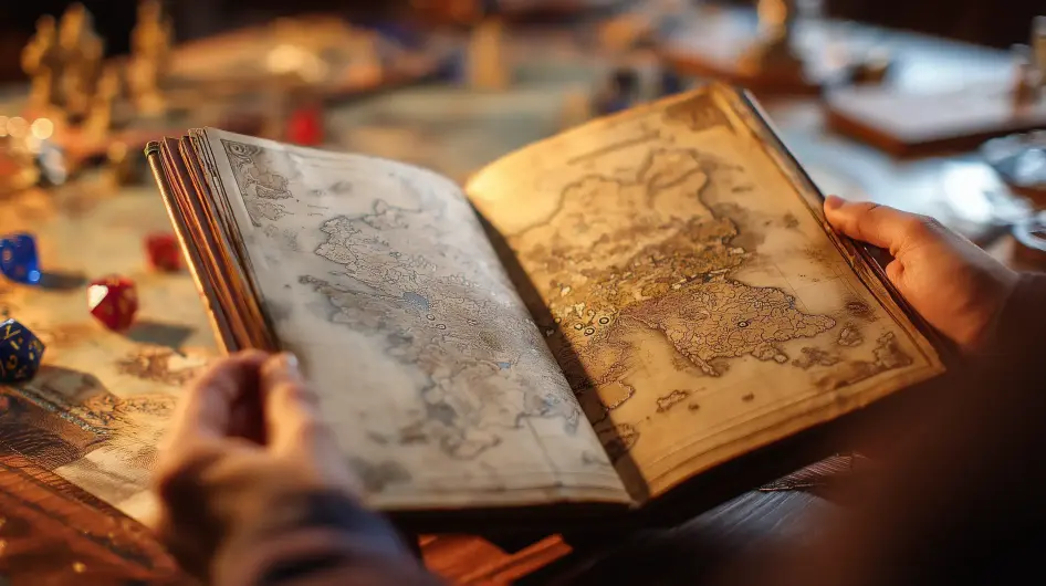 Ruce držící otevřenou knihu s mapou fantasy světa, na stole kostky a figurky.