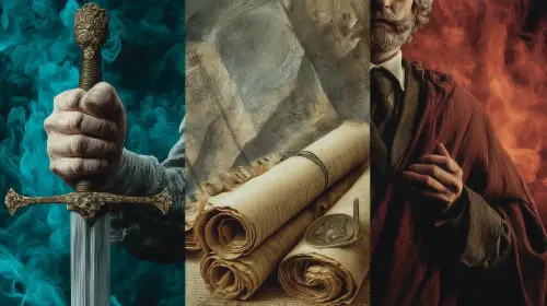 Koláž symbolizující násilí (meč), informace (pergameny) a charizma (vůdce) ve fantasy světě.
