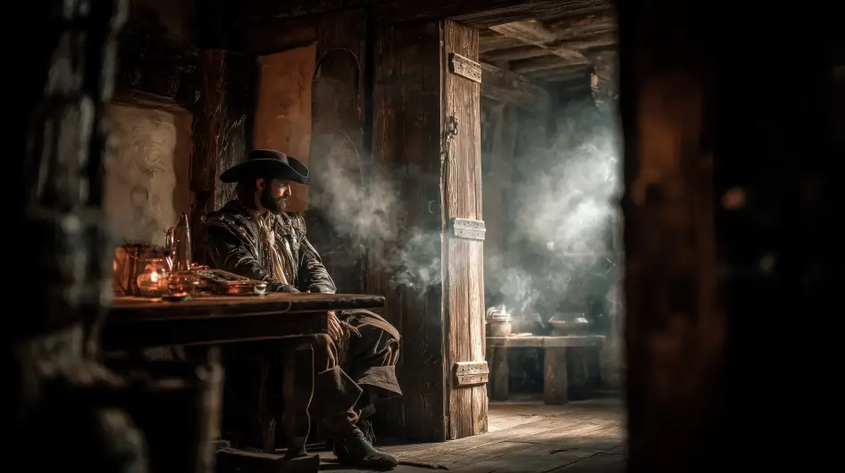 Dveře do starého fantasy hostince s dobrodruhy uvnitř