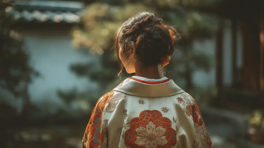 Detailní fotografie tradičního japonského mon s květinovým motivem na látce.