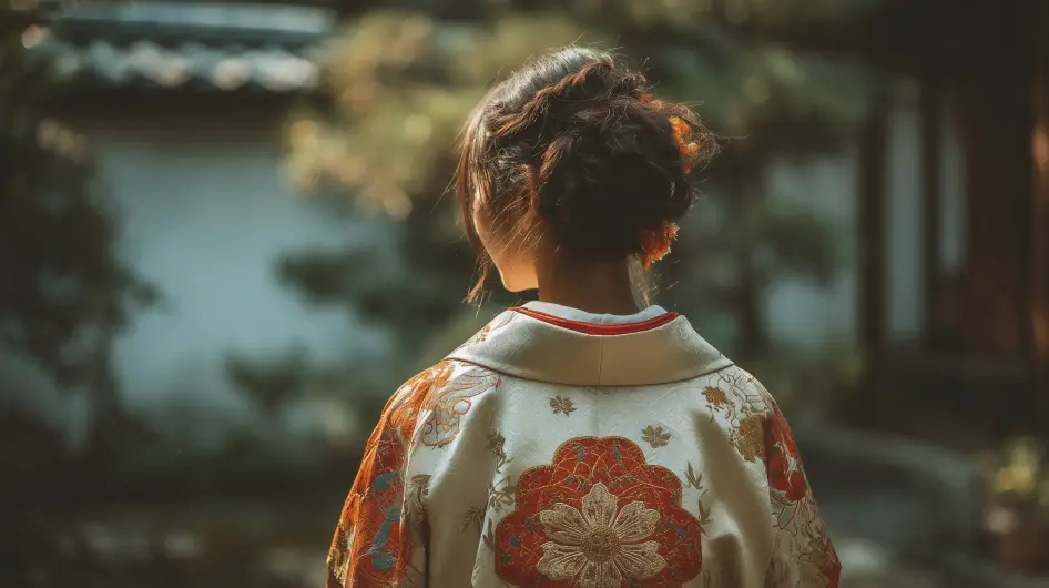 Detailní fotografie tradičního japonského mon s květinovým motivem na látce.