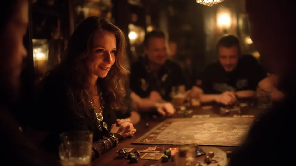 Skupina hráčů soustředěně hraje stolní RPG hru u stolu s kostkami a figurkami.