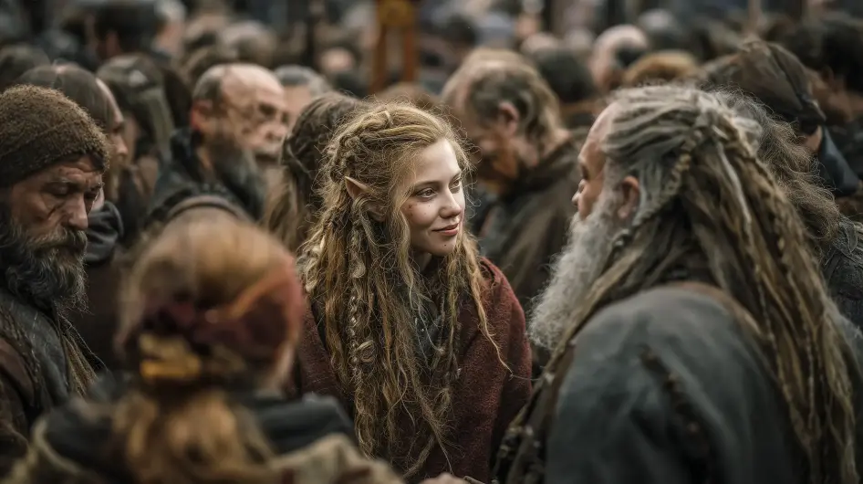 Scéna z rušného středověkého tržiště, kde různé fantasy rasy komunikují pomocí jazyka Common, zdůrazňující jeho roli univerzálního dorozumívacího prostředku.
