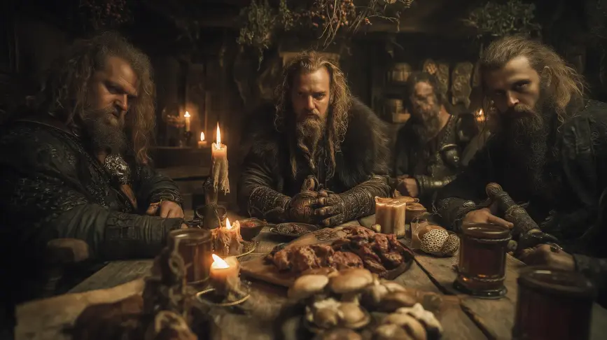 Realistická fotografie bohatě prostřeného stolu ve fantasy taverně. Na stole jsou neobvyklé pochoutky.