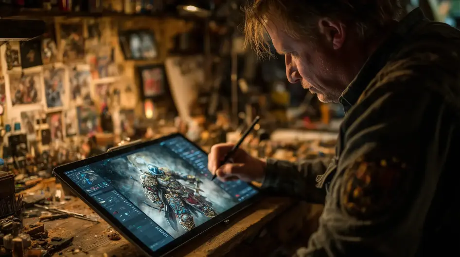 Digitální umělec malující fantasy postavu na grafickém tabletu.