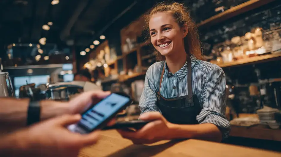 Zákazník platí mobilním telefonem u usměvavé baristky, která používá svůj telefon jako platební terminál.